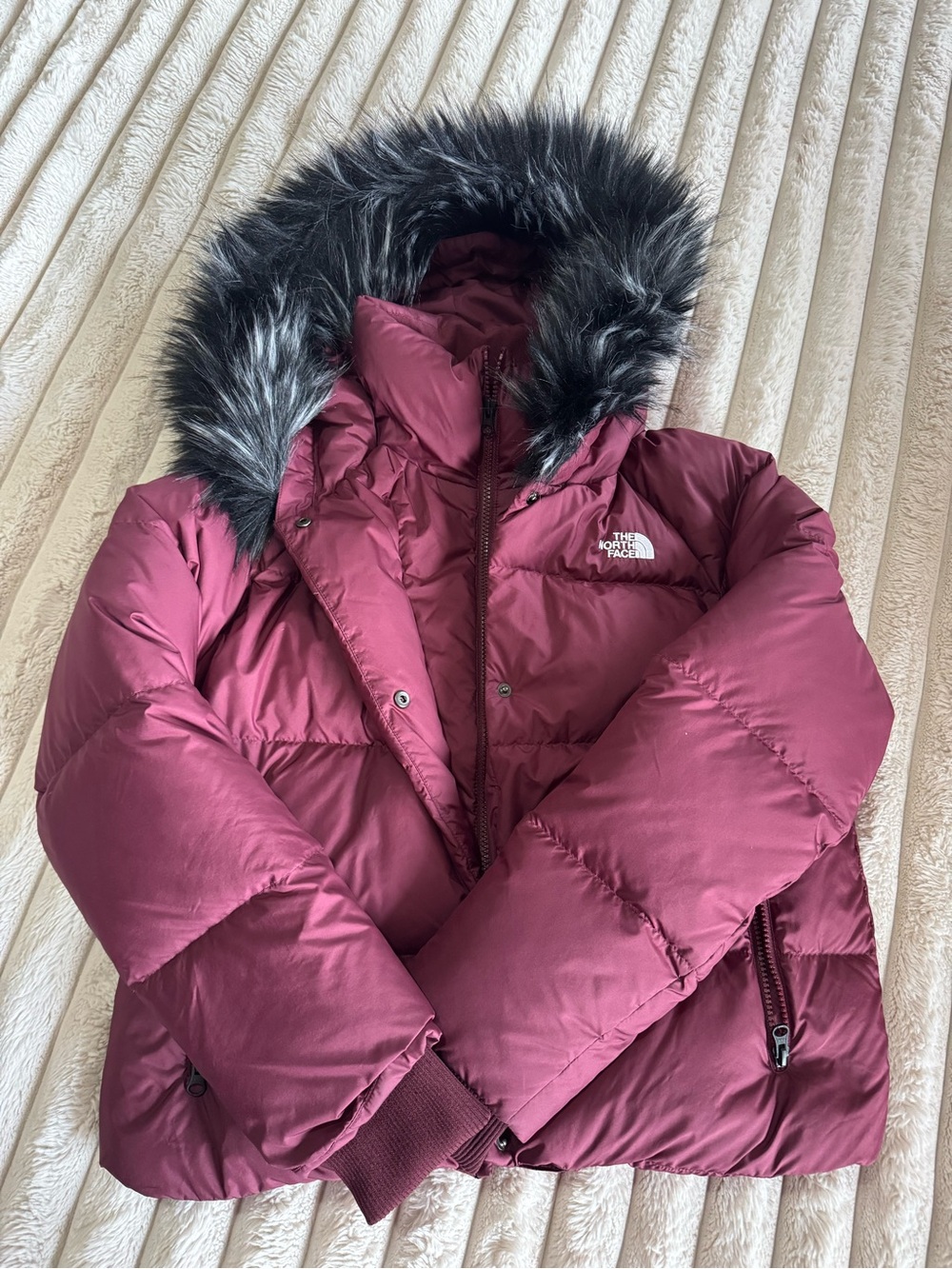The North Face Women's Maroon Faux-Fur Hooded Puffer Coat